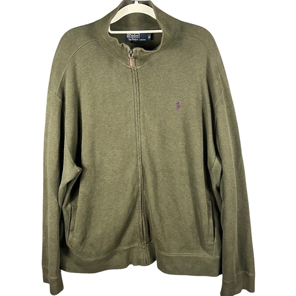 Polo Ralph Lauren Full Zip Sweater Mens XL Olive Green Cotton Mock Neck